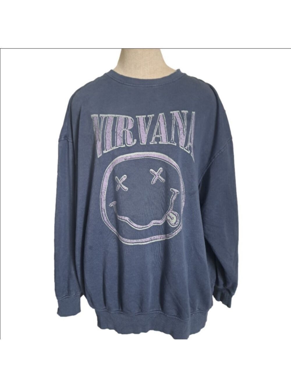 NIRVANA Oversize GRUNGE sweatshirt Sweater CREW comfy Smiley Face Blue XS 2-4